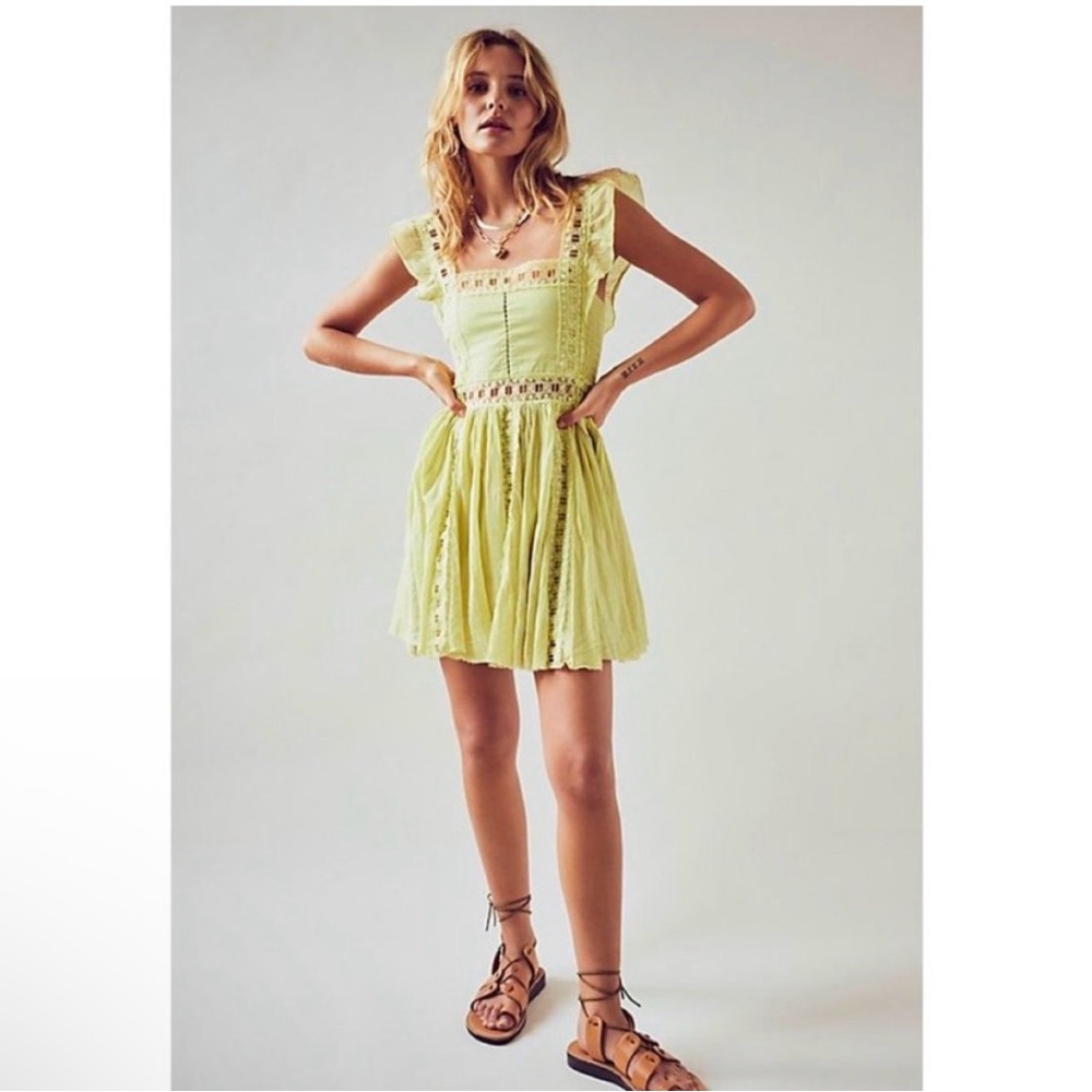 NWT Free People Verona Lace Mini Dress in Lime Green XS